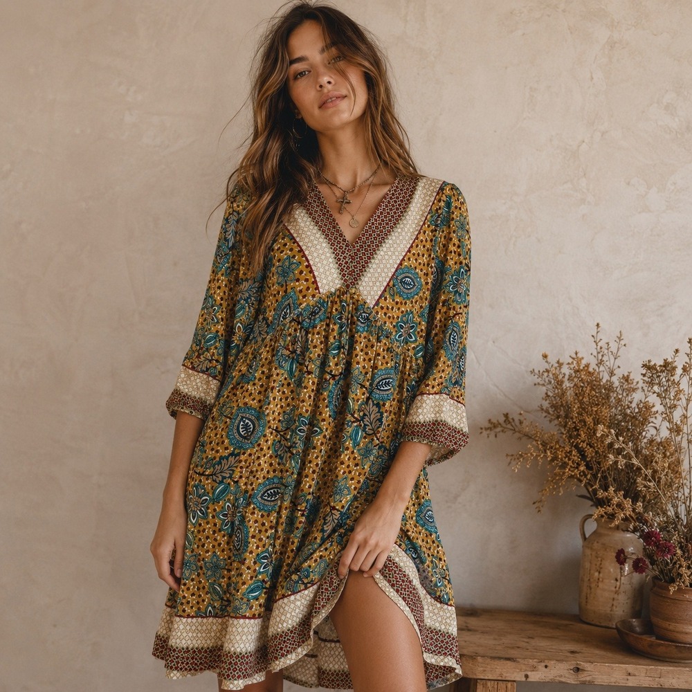 BTFBM Boho Floral Paisley Babydoll Dress S Yellow‎ Cottagecore Peasant Summer